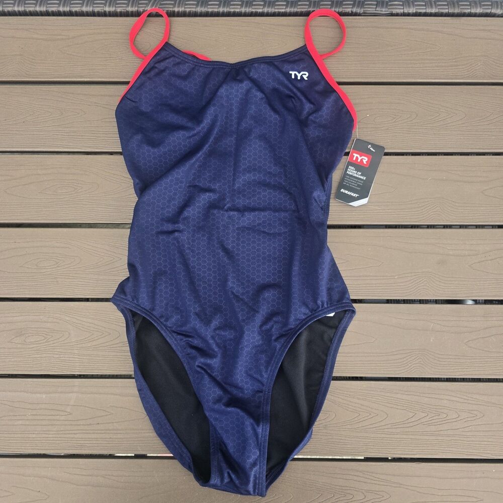 TYR Women's Durafast Elite Hexa Navy/red Cutoutfit 1 piece Swimsuit Sz 34 NEW